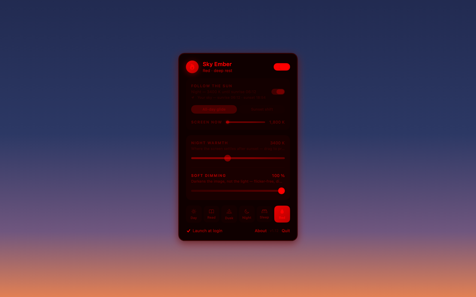 Sky Ember red mode: the panel rendered in pure red