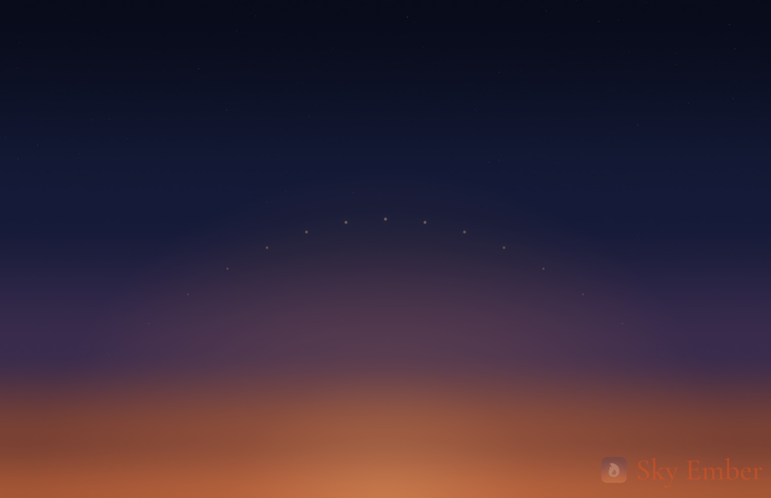 Sky Ember wallpaper: a twilight gradient from deep indigo through violet to ember, with the sun's arc traced in faint dimming points